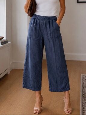 Tahari Linen Wide Leg Cropped Pants Size S Navy Blue Coastal